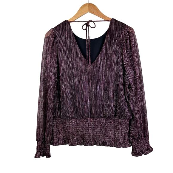 Joie Black & Pink Metallic Textured Ribbed Smocked Waist Long Sleeve Blouse - Picture 9 of 11